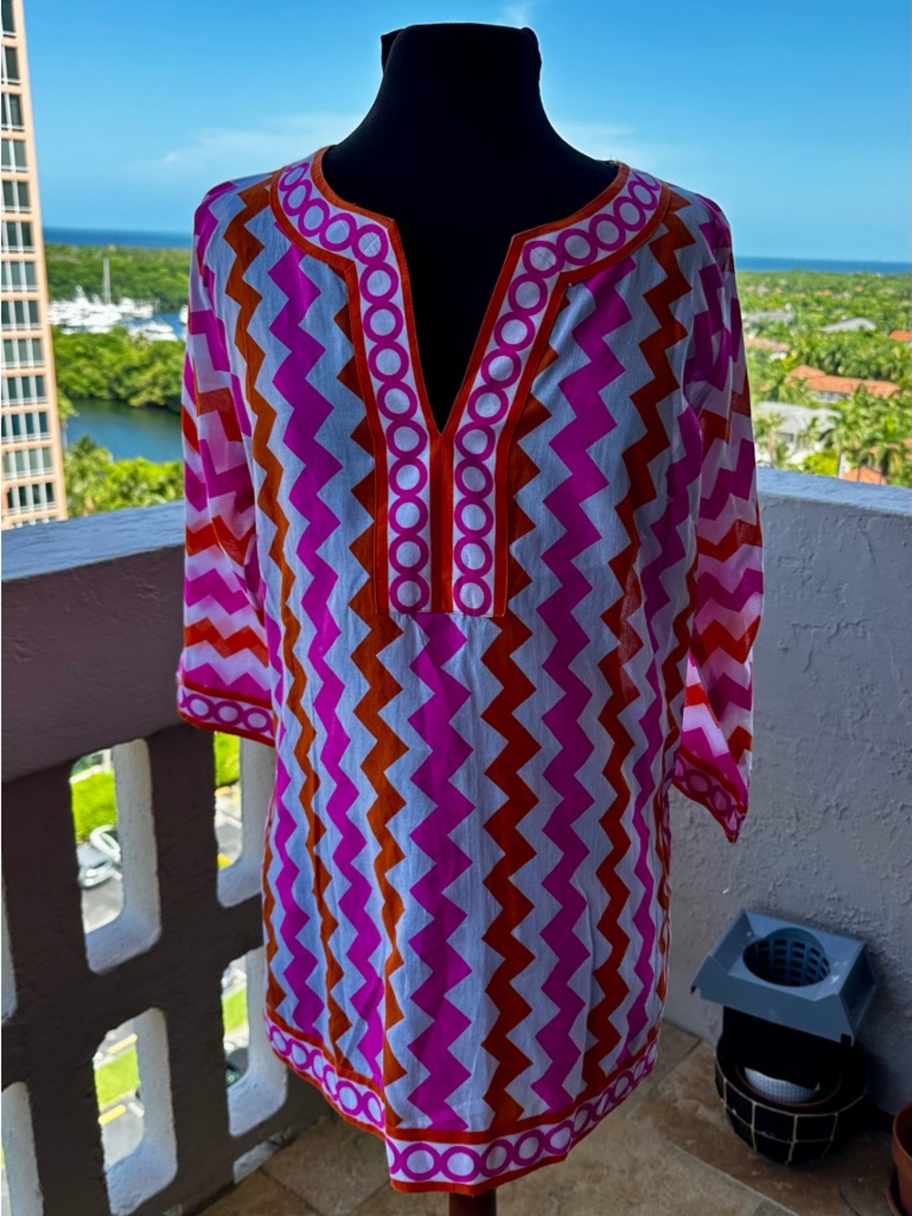 Gretchen Scott 100% Cotton Pink Orange Chevron 3/4 Sleeve Tunic Top Size M - Picture 7 of 7